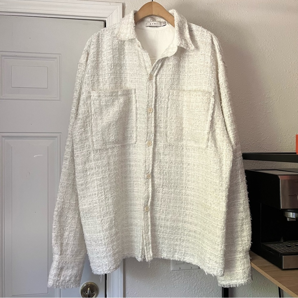 MNML white mens tweed boxy‎ oversized button up long sleeve jacket